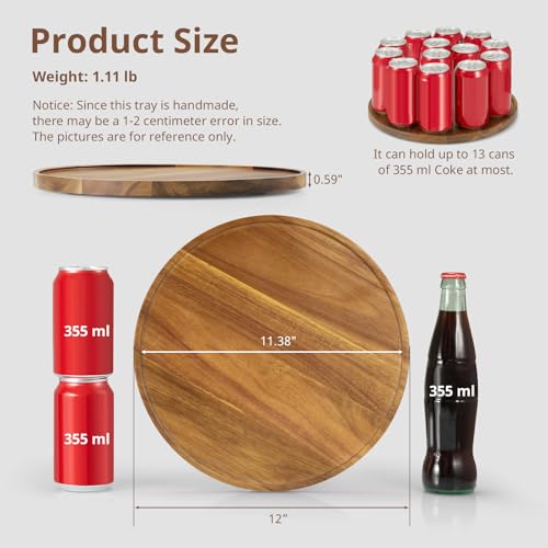 12 Inch Acacia Wood Round Tray, Wooden Decorative Serving Coffee Table Tray Centerpiece Candle Holder for Farmhouse Kitchen Dining Room Home Decor Coffee Table Decor and Accessories