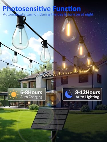 luckystyle 50FT Solar String Lights Outdoor Waterproof with 18+1 LED Bulbs Long Last for 20+Hrs, Commercial Grade Shatterproof USB Patio Solar Powered Lights for Camping，Backyard, Garden, Porch Decor