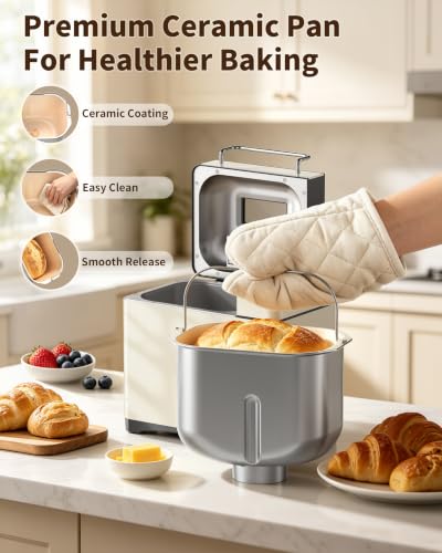 KBS 2.2LB Smart Bread Maker, 20-in-1 Automatic Bread Machine with Color Touchscreen, Dual Heaters, True Ceramic Pan, Auto Nut Dispenser, 2 Custom Programs, Sourdough&Gluten Free, White Stainless Steel