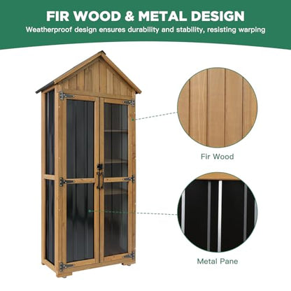 Ketive Outdoor Storage Cabinet, Wood & Metal Storage Shed with Weather-Resistant Roof, Adjustable Shelf, Lockable Doors & Adjustable Feet, for Garden, Patio, Backyard, 27.5" x 13" x 67"
