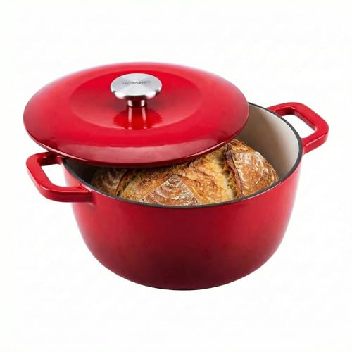 WOKINS 7QT Enamel Cast Iron Dutch Oven with Lid,Dual Handles,Versatile Heavy-Duty Non-toxic Cookware for Sourdough Bread Baking,Braising,Stews,Roasting,Oven Safe up to 500°F red