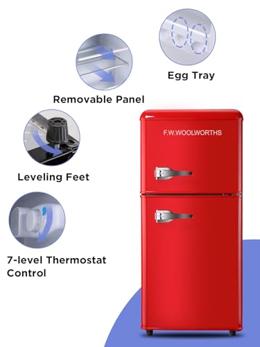 F.W.WOOLWORTHS 3.5 Cu.Ft Fridge with Freezer, Refrigerator with 2 Doors for Office, Kitchen, Dorm and Bedroom, Fridge with 7 Level Temp Adjustable Thermostat, Red