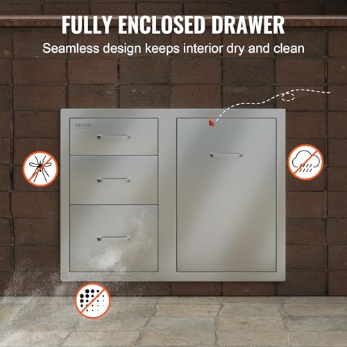 VEVOR Stainless Steel Cabinet, Outdoor Kitchen Door Drawer Combo 29.5" W x 22.6" H x 21.7" D, Access Door/Triple Drawers, Propane Drawer, Adjustable Garbage Ring, BBQ Island Patio Grill Station