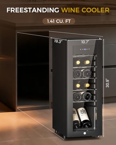 Feelfunn 12 Bottle Wine Cooler Refrigerator - Small Wine Fridge for Red, White, Champagne, Freestanding Wine Cellar with Glass Door & Digital Temperature Control for Home Bar, Office