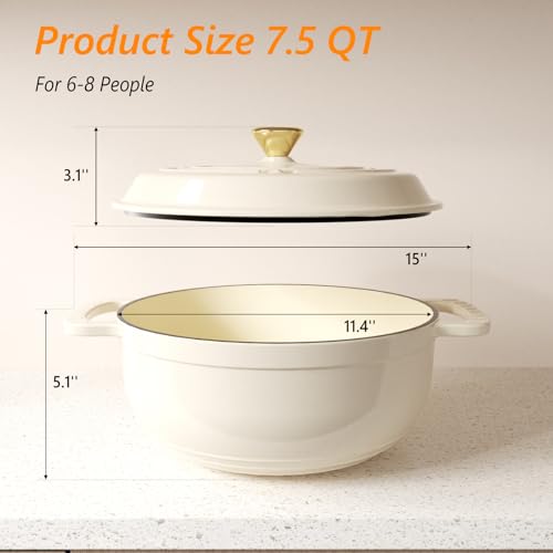 Bonnlo 7.5QT Round Dutch Oven, Enameled Cast Iron Dutch Oven Pot with Lid & Dual Handles, Oven Safe Up to 500° F, for Sourdough, Bread Baking, Stews and Roasting, White