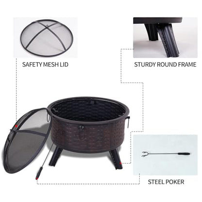 GRAND PATIO Fire Pits for Outside,Patio Outdoor Fire Pits, Round Deep Bonfire Wood Burning Fire Pit with Spark Screen Cover Safe Mesh Lid and Poker