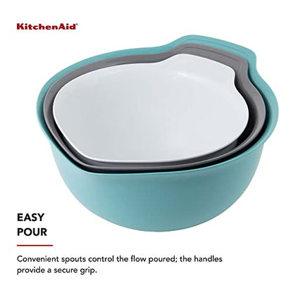 KitchenAid Universal Nesting Plastic Mixing Bowls, Set Of 3, 2.5 quart, 3.5 quart, 4.5 quart, Non Slip Base with Easy Pour Spout to Reduce Mess, Dishwasher Safe, Aqua Sky, White, Gray