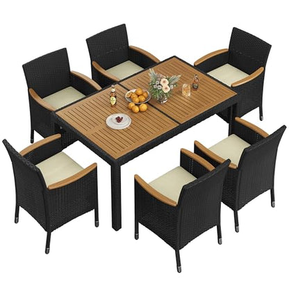 Yaheetech 7 Piece Patio Furniture Set, Outdoor Dining Acacia Wood Table Top Rattan Conversation with Soft Cushions, 6 Chairs & 1 Table for Backyard, Deck, Garden & Yard, Black/Beige