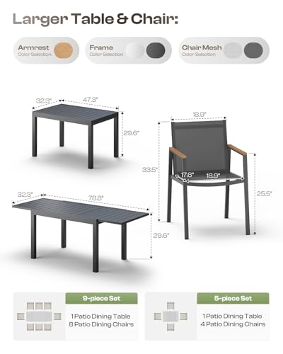 Oasbira Outdoor Aluminum Patio Dining Table Set for 8 Person, Expandable Outdoor Table and 8 Chairs with Textilene Fabric & HDPS Armrest, All-Weather Patio Furniture Set for Yard, Deck, Gray