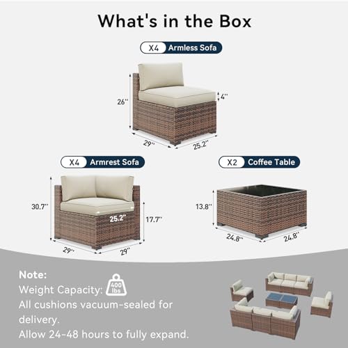 LazySunsets 10 Piece Outdoor Patio Furniture Set with Coffee Table, Outdoor Patio Furniture Sets with Thicken Cushion, Wicker Rattan Outdoor Conversation Set for Backyard & Garden, Beige
