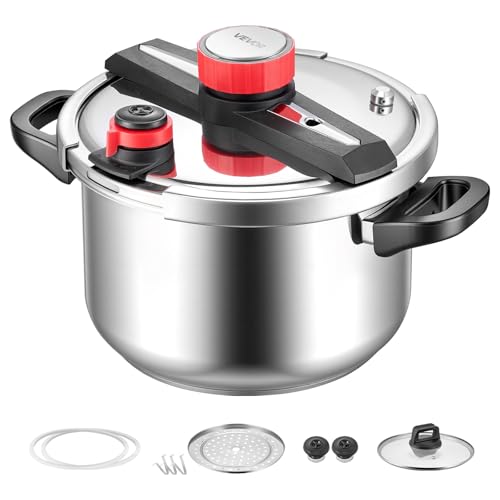 VEVOR Pressure Cooker, 10Qt Pressure Cooker Stainless Steel, Pressures Canner with Steaming Rack, Tempered Glass Lid, Three Pressures Settings for Meat, Beans, Rice, Soup, Sauces, Cook up to 100 kPa
