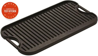 Lodge Pro-Grid Reversible Grill/Griddle - 20 Inches x 10.5 Inches - Dual-Sided Cast Iron Griddle - Double Burner Grill - Even Heat Distribution - PFAS-Free Non-Toxic Cookware