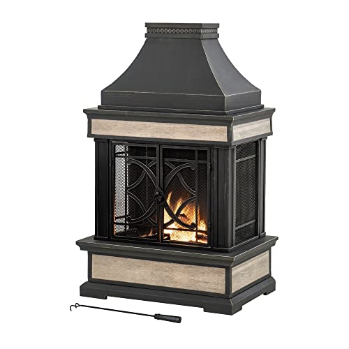 Sunjoy Outdoor Fireplace, Stone Look Tile Patio Wood Burning Steel Fireplace with Chimney, Spark Screen, Fire Poker, Rain Cover, and Removable Grate, Black with Golden Highlight
