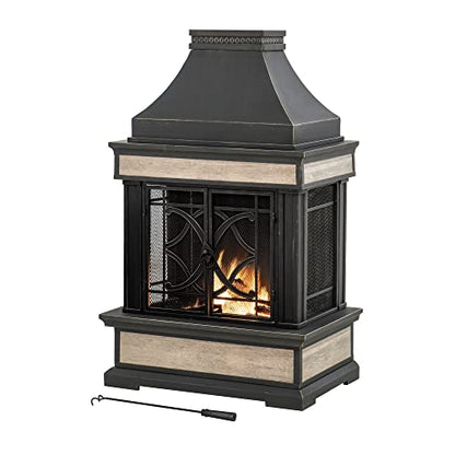 Sunjoy Outdoor Fireplace, Stone Look Tile Patio Wood Burning Steel Fireplace with Chimney, Spark Screen, Fire Poker, Rain Cover, and Removable Grate, Black with Golden Highlight