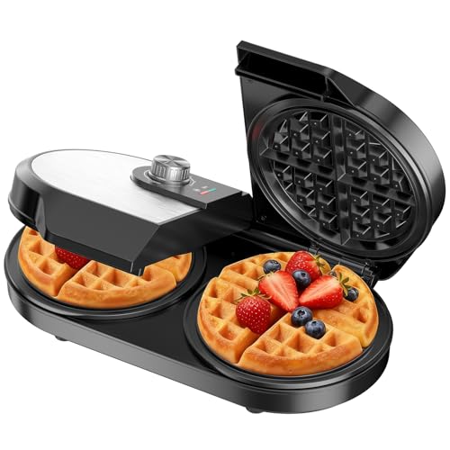 Double Waffle Maker, 6.5" Dual Waffle Iron, 1200W Belgian Waffle Maker with Nonstick Plates, 2 Independent 5-Level Adjustable Temp Knobs, Easy to Clean, Stainless Steel