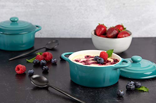 Kook Ceramic Mini Cocotte Set, Small Casserole Dishes with Lids and Handles, Individual Baking Ramekins, Oven Safe 350F, Microwave & Dishwasher Safe, Stoneware, 12 oz, Set of 4, (Aqua Ombre)