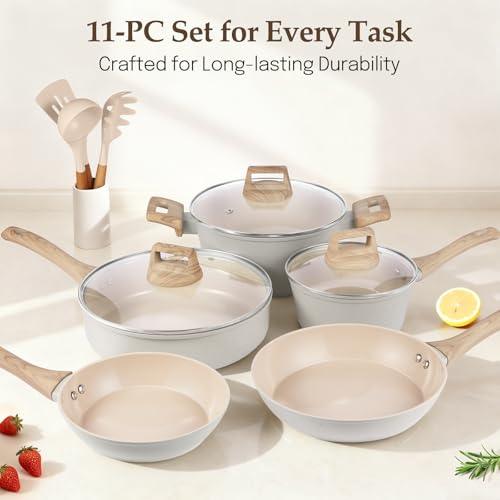 M MELENTA Pots and Pans Set Non Stick, Non-Toxic Ceramic Cookware Set, 11pcs Induction Cookware, Kitchen Cooking Set with Frying Pans, Saucepan, Stock Pot, PFOA Free & PFOS Free, Cream Color