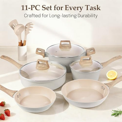 M MELENTA Pots and Pans Set Non Stick, Non-Toxic Ceramic Cookware Set, 11pcs Induction Cookware, Kitchen Cooking Set with Frying Pans, Saucepan, Stock Pot, PFOA Free & PFOS Free, Cream Color