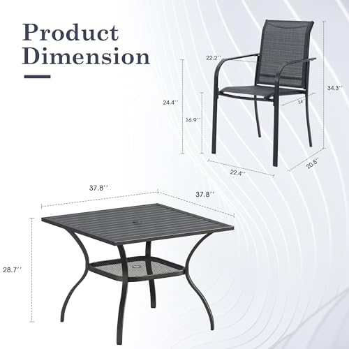 ARKOST 5 Pieces Outdoor Dining Set, Stackable Textilene Paito Chairs & 37.8" Square Dining Table with Umbrella Hole and Shelf, Patio Dining Set for Backyard, Deck, Garden, Grey & Black