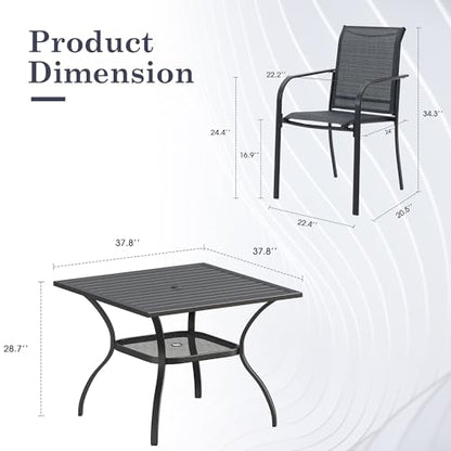 ARKOST 5 Pieces Outdoor Dining Set, Stackable Textilene Paito Chairs & 37.8" Square Dining Table with Umbrella Hole and Shelf, Patio Dining Set for Backyard, Deck, Garden, Grey & Black