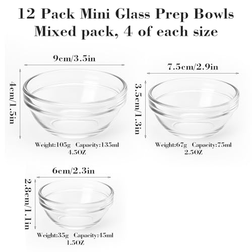 CAOXIAOXUYAO 12-Piece Mini Glass Prep Bowls Set - 4x 1.5 oz, 4x 2.5 oz, 4x 4.5 oz Small Nesting Mixing Bowls for Kitchen, Food Prep, Spices, Sauces & Snacks