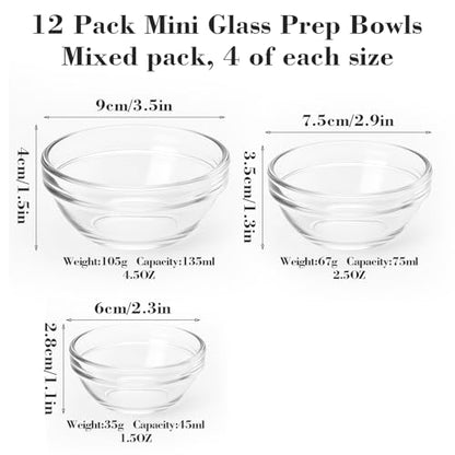 CAOXIAOXUYAO 12-Piece Mini Glass Prep Bowls Set - 4x 1.5 oz, 4x 2.5 oz, 4x 4.5 oz Small Nesting Mixing Bowls for Kitchen, Food Prep, Spices, Sauces & Snacks