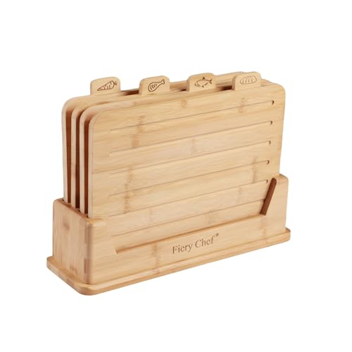 Fiery Chef 12.6"L x 9"W Bamboo Cutting Board Set of 4 - Wood Cutting Board Set with Holder, Chopping Boards Set with Food Icons, Juice Groove - Ideal for Meat, Fish, Bread, Vegetable, Fruit Chopping