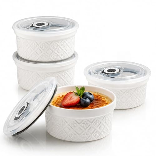 MISSYSSIM 12 oz Ramekins Oven Safe, 4.5 Inch Creme Brulee Ramekins with Lids, Small White Ceramic Souffle Dishes, Mini Baking Bowls with Cover Set of 4, Ramekin Microwave & Dishwasher Safe