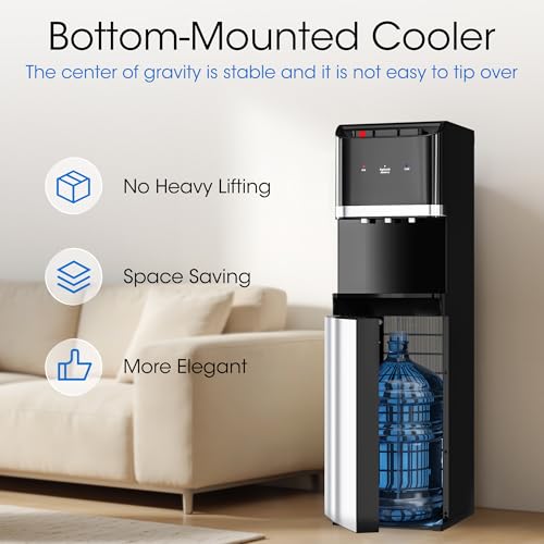 Tehanld Bottom Loading Water Cooler Dispenser for 5 Gallon Bottles,Stainless Steel Water Cooler with 3 Temperature -Hot, Cold & Room,Child Safety Lock,Ideal for Home and Office, Matte Black