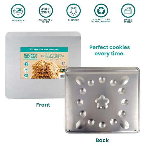 Baker's Secret Pure Aluminum Insulated 16" Cookie Sheet Commercial Grade, 100% Recycled Alu Cookie Sheet Extra Thick - The Natural Aluminum Collection