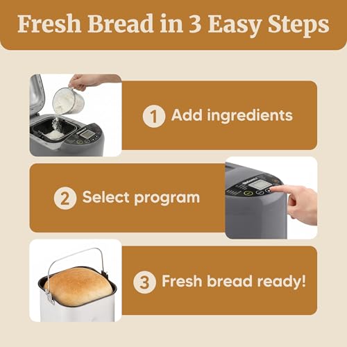 Elite Gourmet Programmable Bread Maker with PFAS-Free CERALAST™ Ceramic Pan, 2 lb Loaf, 19 Presets incl. Gluten-Free, 3 Sizes, Delay Timer, Steel Gray