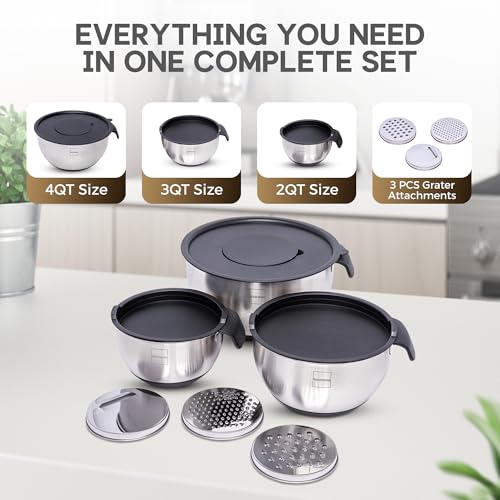 Robinesse Stainless Steel Mixing Bowls Set of 3, Large Nesting Bowls with Airtight Lids for Food Prep, Cooking, Baking, Salad, and Outdoor Dining (Black, 3 Pcs)