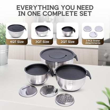 Robinesse Stainless Steel Mixing Bowls Set of 3, Large Nesting Bowls with Airtight Lids for Food Prep, Cooking, Baking, Salad, and Outdoor Dining (Black, 3 Pcs)
