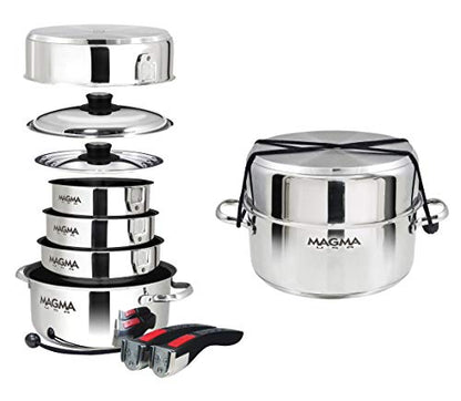 Magma 10 Piece Gourmet Nesting Stainless Steel Cookware Set with Ceramica Non-Stick, Induction Compatible, Oven Safe to 500°F - Suitable for All Stovetops, Removable Handles, Silver