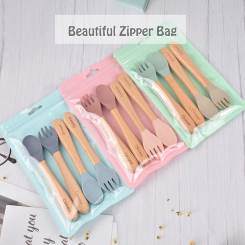 Ginbear Silicone Baby Spoons and Forks Self-feeding 12-18 Months, Soft-Tip Baby Flatware Sets for Girl, Toddler Feeding Utensils for Child, 4 Piece Set (Mauve/Pink)