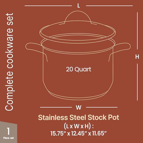 Stainless Steel Stockpot with Tempered Glass Lid 20 Quart, Durable 18/0 Stainless Steel, Impact-Bonded Base for Even Heating, Riveted Handles, Oven & All Stove Compatible, Safe Up To 500°F (260°C)