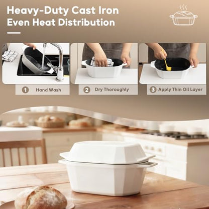Enameled Cast Iron Sourdough Bread Oven – Dutch Oven for Sourdough, Oval Cast Iron Bread Pan with Lid，Loaf Cast Iron Dutch Oven for Baking (3.3QT-White）