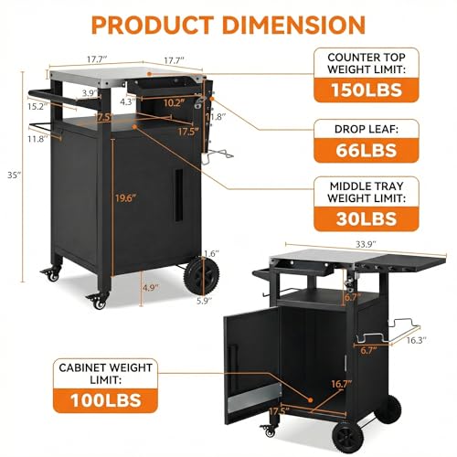 Casaphoria 33.9" Outdoor Kitchen Island BBQ Grill Cart, Stainless Steel Countertop Bar Cart with Folding Table,2 Lockable Wheels, Storage Cabinet, Spice Rack, Paper Towel Holder for Patio Lawn Garden
