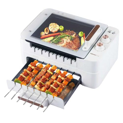MIOAOTCE 3-IN-1 Skewer Electric Indoor Grill - 1000W Electric Grill with 360° Auto-Rotating, Smokeless Indoor Grill with 3 Cooking Modes, Temperature Adjustable, Removable Tempered Glass Lid
