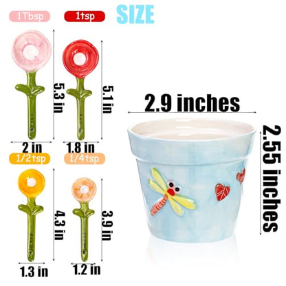 Coloch 5Pcs Ceramic Measuring Spoons and Cup, Flower Baking Scale Spoons with Base Set for Dry and Liquid Ingredient, 1/4 tsp, 1/2 tsp, 1 tsp, 1 Tbsp