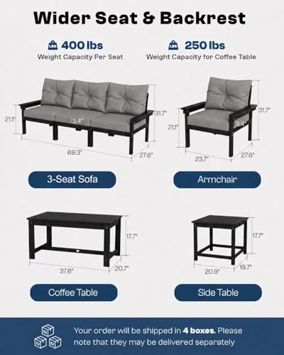 Patio Kingdom HDPE Outdoor Patio Furniture Set, 11-Piece Sectional Set with 3-Seat Sofa, 4 Armchairs & 4 Tables, All-Weather Couch with Grey Washable Cushions for Porch (Black Frame)