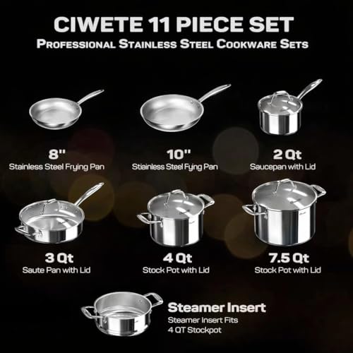 Ciwete 11-Piece Tri-Ply Stainless Steel Pots and Pans Set, 18/10 Stainless Steel Cookware Set with Steamer Insert, Induction Kitchen Cookware Sets with Cool Ergonomic Handles, Dishwasher, Oven Safe