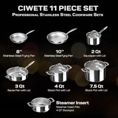 Ciwete 11-Piece Tri-Ply Stainless Steel Pots and Pans Set, 18/10 Stainless Steel Cookware Set with Steamer Insert, Induction Kitchen Cookware Sets with Cool Ergonomic Handles, Dishwasher, Oven Safe