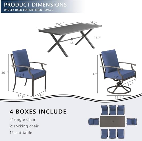 ASJMR 7 Piece Outdoor Dining Set for 6, Metal Patio Table and Chairs with Cushions, Patio Furniture Set with 2 Swivel Chairs, Rectangular Patio Dining Table with Umbrella Hole, Lawn Deck, Yard, Navy