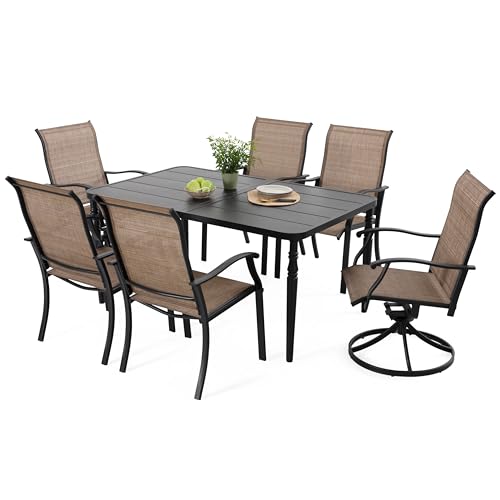 NUU GARDEN 7-Piece Outdoor Metal Dining Set, Patio Dining Table Set with 2 Textilene Swivel Chairs and 4 Textilene Chairs, Patio Furniture Set for Patio, Deck, Garden, Backyard, Balcony, Black&Brown