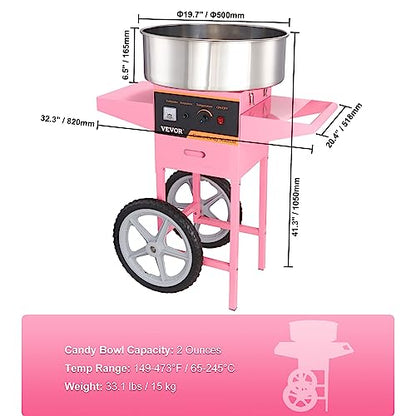 VEVOR Electric Cotton Candy Machine Cart, 1000W Commercial Floss Maker w/Stainless Steel Bowl, Sugar Scoop and Drawer, Perfect for Home, Carnival, Kids Birthday, Family Party, Pink