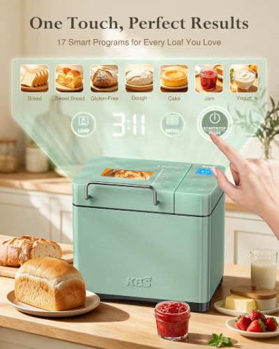 KBS 2.2LB Bread Maker, 710W Convection Bread Machine with Dual Heaters, Healthy Nonstick Ceramic Pan, Auto Nut Dispenser, 17-in-1 Bread Maker Machine for Gluten-Free, Touchscreen, 15H Delay Timer