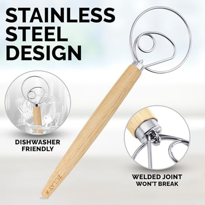 Zulay Kitchen 13-Inch Danish Dough Whisk - Stainless Steel Wooden Whisk with Dough Hook - Sourdough Whisk for Bread, Pizza, Pastry, Cake Batter & More - Wood