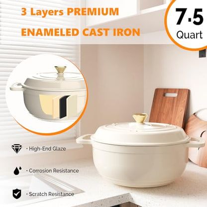 Bonnlo 7.5QT Round Dutch Oven, Enameled Cast Iron Dutch Oven Pot with Lid & Dual Handles, Oven Safe Up to 500° F, for Sourdough, Bread Baking, Stews and Roasting, White