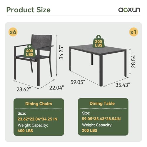 Aoxun 7-Piece Patio Table and Chairs Set for 6, All Weather Outdoor Dining Set with 6 Textilene Chairs and 1 Rectangular Metal Table, Patio Dining Sets for Backyard, Garden and Poolside, Grey